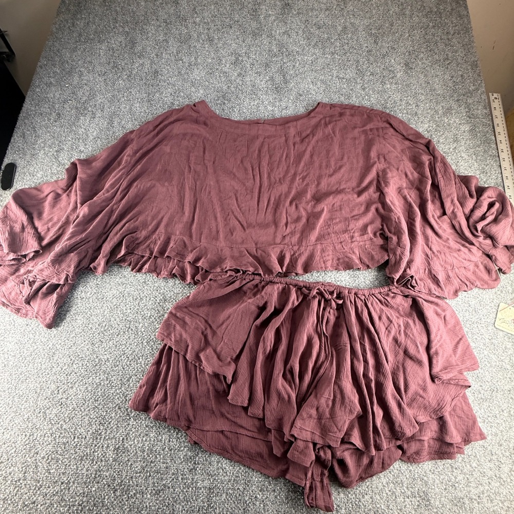 Free People Free-est Plum Mauve Ruffle Two Piece Set Bell Sleeve Crop Top Shorts